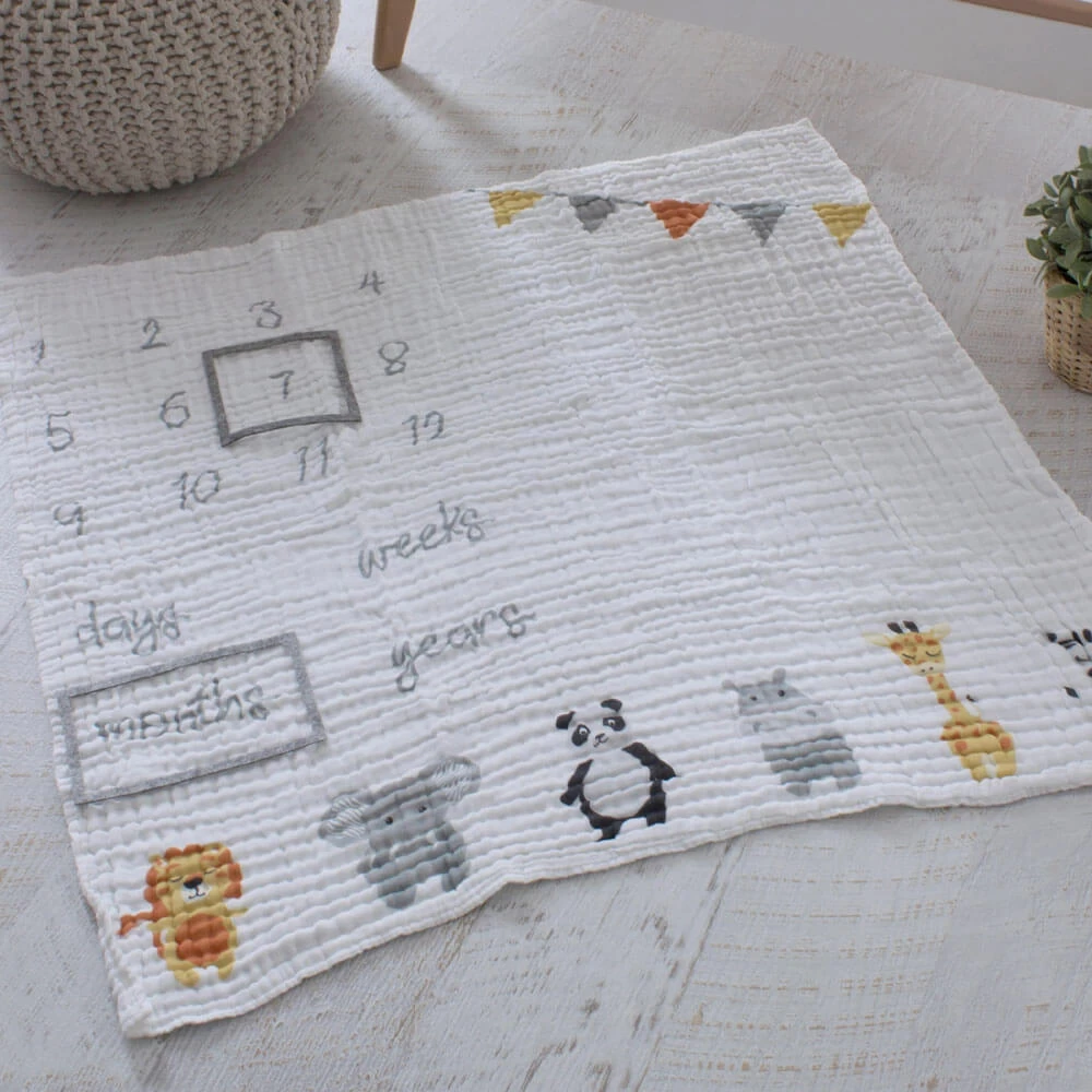 Bubba Blue Zoo Animals Milestone Muslin Blanket 4 Bubba Blue Zoo Animals Milestone Muslin Blanket - Image 2