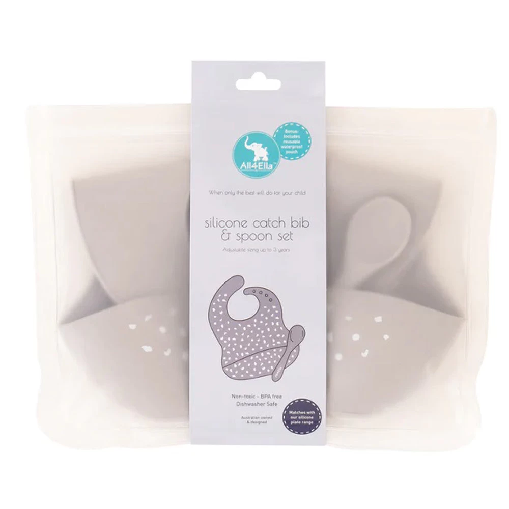 All4Ella Silicone Bib With Spoon & Reusable Bag Stone 4 All4Ella Silicone Bib With Spoon & Reusable Bag Stone - Image 2